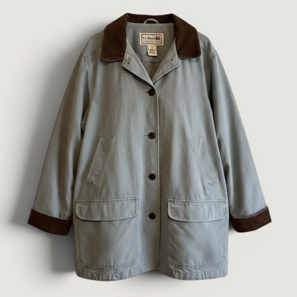 L.L.Bean Jacket Womens XL Gray Barn Coat Corduroy Collar Canvas Lined Pockets